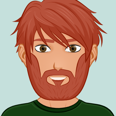 Ginger haired male with full beard waring a dark green shirt